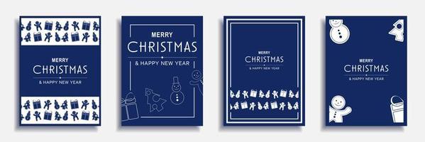 Merry Christmas and New Year 2022 brochure covers set. Xmas minimal banner design with decorative borders with gifts, trees, snowman and other. Vector illustration for flyer, poster or greeting card