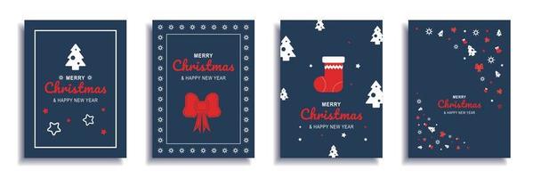 Merry Christmas and New Year 2022 brochure covers set. Xmas minimal banner design with festive trees, red bows and socks at blue background. Vector illustration for flyer, poster or greeting card