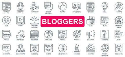 concepto de bloggers conjunto de iconos de línea simple. paquete de contenido, podcast, comentario, seguidores, marca personal, calificación, donación, objetivo y otros. símbolos de esquema de paquete de vectores para el diseño de sitios web o aplicaciones móviles