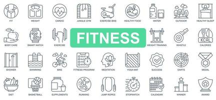 Fitness concept simple line icons set. Bundle of fit, weight, cardio, gym, exercise bike, training, swimming, running, diet and other. Vector pack outline symbols for website or mobile app design