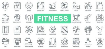 concepto de fitness conjunto de iconos de línea simple. paquete de ajuste, peso, cardio, gimnasio, bicicleta estática, entrenamiento, natación, carrera, dieta y otros. símbolos de esquema de paquete de vectores para el diseño de sitios web o aplicaciones móviles