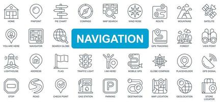 Navigation concept simple line icons set. Bundle of home, pinpoint, compass, map, search, route, mountains, satellite, tracking and other. Vector pack outline symbols for website or mobile app design