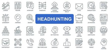 Headhunting concept simple line icons set. Bundle of career, resume, interview, candidate, analysis, leadership, recruitment and other. Vector pack outline symbols for website or mobile app design