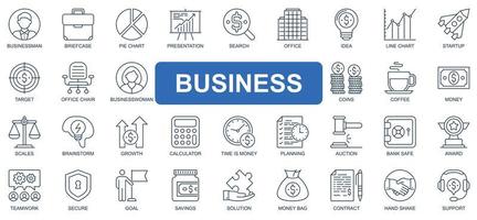 Business concept simple line icons set. Bundle of businessman, briefcase, presentation, startup, target, businesswoman, goal and other. Vector pack outline symbols for website or mobile app design