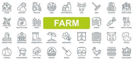 Farm concept simple line icons set. Bundle of house, tractor, milk products, cow, cheese, carrot, garden, greenhouse, beekeeping and other. Vector pack outline symbols for website or mobile app design