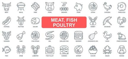 Meat, fish and poultry concept simple line icons set. Bundle of beef, bbq, pork, chicken, hot dog, sausage, burger, shrimp, crab and other. Vector pack outline symbols for website or mobile app design