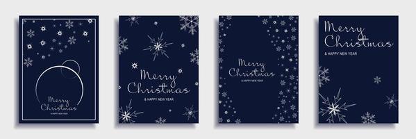 Merry Christmas and New Year 2022 brochure covers set. Xmas minimal banner design with white snowflakes patterns and text on blue backgrounds. Vector illustration for flyer, poster or greeting card