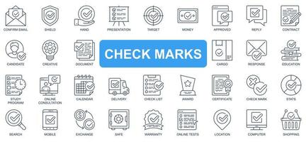 Check marks concept simple line icons set. Bundle of email, shield, hand, presentation, target, money, approved, reply, contract and other. Vector pack outline symbols for website or mobile app design