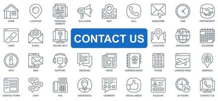 Contact us concept simple line icons set. Bundle of location, subscribe, partnership, link, email, online help, info, support and other. Vector pack outline symbols for website or mobile app design