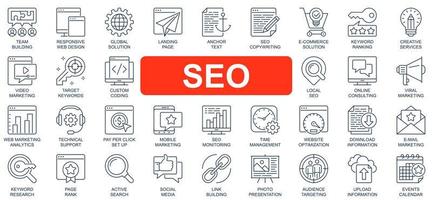 seo concepto conjunto de iconos de línea simple. paquete de optimización, solución, página de destino, palabra clave, clasificación, marketing de video, objetivo y otros. símbolos de esquema de paquete de vectores para el diseño de sitios web o aplicaciones móviles