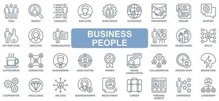 Business people concept simple line icons set. Bundle of team, employee, recruitment, partnership, consultation, brainstorm and other. Vector pack outline symbols for website or mobile app design