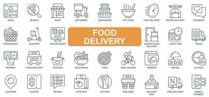 Food delivery concept simple line icons set. Bundle of menu, search, shop, feedback, online order, lunch time, payment, courier and other. Vector pack outline symbols for website or mobile app design