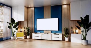 blue color room design interior with door paper and cabinet shelf wall on tatami mat floor room japanese style. 3D rendering photo