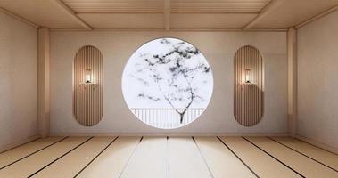 Latest Diseño De Pared De Estante Circular En Sala De Estar Vacía Deisgn Japonés Con Piso De Tatami. Representación 3d foto