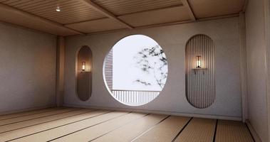Latest Diseño De Pared De Estante Circular En Sala De Estar Vacía Deisgn Japonés Con Piso De Tatami. Representación 3d foto