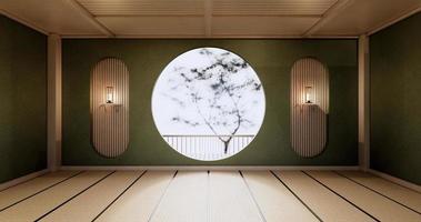 diseño de pared de estante circular, diseño japonés de habitación verde vacía, piso de tatami. Representación 3d foto