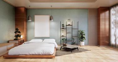maqueta interior con planta de cama zen y decoración en dormitorio cian japonés. Representación 3D.