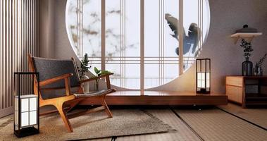 maqueta de gabinete, sala de estar mínima, piso de tatami y diseño de sillón.Representación 3D foto