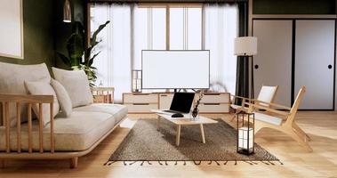 Cabinet in Living room with tatami mat floor and sofa armchair design.3D rendering photo