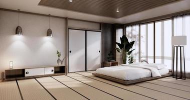 maqueta interior con planta de cama zen y decoración en dormitorio japonés. Representación 3D. foto