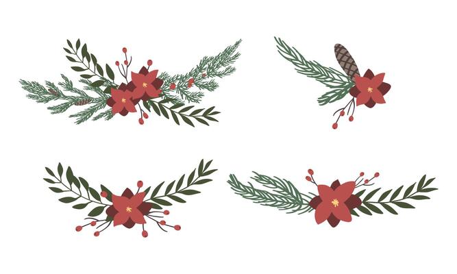 Pine leaves and flowers are hand drawn into wreaths in an isolated background. Vector elements for christmas design decorations