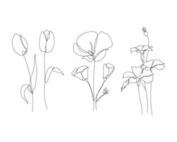 Ilustración de flores de lirio, tulipán y rosa en un estilo de arte de una línea. dibujo continuo en vector que se utiliza mejor para iconos, impresiones de arte mural, carteles, revistas, postales, etc.