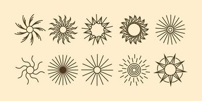 conjunto de colección de iconos de sol. logotipo de sol en símbolo de estilo boho. ilustración de elemento de vector para la decoración en estilo moderno minimalista. diseño de naturaleza bohemia.