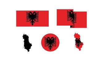 Albania attributes. flag in rectangle, round, and maps. set of element vector illustrations for national celebration day.