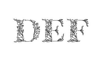 floral illustration alphabet vector graphic font made by flower and leaf plant creative hand drawn line art for abstract and natural nature style looks in unique monochrome design decoration