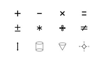 colección de iconos conjunto de edición de logotipo de matemáticas en estilo blanco y negro simple. elementos de formas geométricas aisladas sobre fondo blanco en el vector de diseño de logotipo.