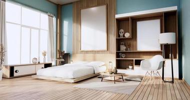 Minimalist Stylish interior of Mint modern wooden room with comfortable bed.3D rendering photo