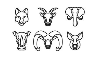 conjunto de 6 cabezas de animales salvajes, icono de línea de vector de animal, arte de línea de vector de cabeza de animal, ilustración de animal aislado