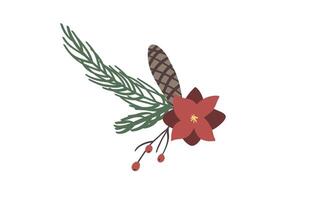 Pine leaves and flowers are hand drawn into wreaths in an isolated background. Vector elements for christmas design decorations