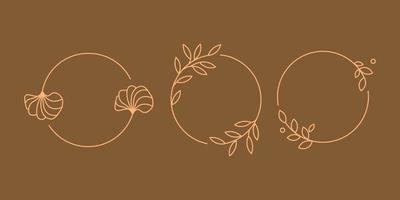 set of floral round frame line art illustration for copy space and quotes. laurel wreath border branches design ornament. hand drawn vector element collection.