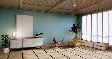 Cabinet Mock up, Minimal mint Living room, tatami mat floor and armchair design.3D rendering photo