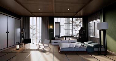 dormitorio estilo minimalista japonés., moderno muro verde y piso de madera, cuarto minimalista. Representación 3d