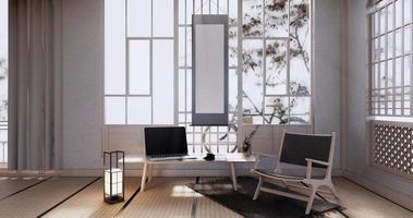 gabinete de diseño de pantalla de madera en la habitación sala de estar minimalista japonesa roon unterior, representación 3d foto