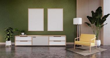 Cabinet wooden display design on Green room japanese minimalist living roon unterior, 3D rendering photo
