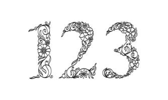 floral illustration number 1, 2, 3, vector graphic font made by flower and leaf plant creative hand drawn line art for abstract and natural nature style looks in unique monochrome design decoration