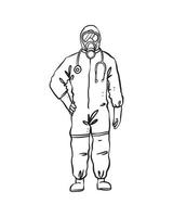 Medical team in personal protective equipment to protect against virus outbreak infections such as COVID-19, Ebola, and SARS. Isolated hand drawn in thin line style vector illustration