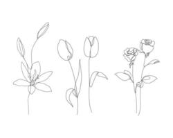 Ilustración de flores de lirio, tulipán y rosa en un estilo de arte de una línea. dibujo continuo en vector que se utiliza mejor para iconos, impresiones de arte mural, carteles, revistas, postales, etc.