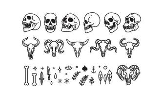 Set of iconic human skull and animal hand drawn . Line art vector illustration