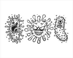 conjunto de 3 virus monstruo vector dibujado a mano. Ilustración de dibujos animados de arte de línea dibujada a mano. icono aislado sobre fondo blanco