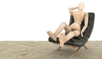 Wooden dummy siting on the couch. 3D rendering photo