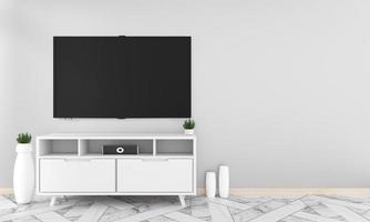 Smart Tv Mockup with blank black screen hanging on the cabinet decor, modern living room zen style. 3d rendering photo