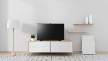 Maqueta de Smart TV con pantalla negra en blanco colgada en la decoración del gabinete, estilo moderno de sala de estar zen. Representación 3d foto