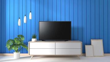 TV en el gabinete en la moderna sala de estar sobre fondo de pared azul, representación 3d