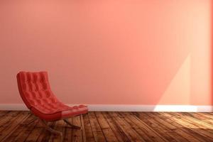interior de la sala de estar con sofá rojo, piso de madera sobre fondo de pared rosa vacía. Representación 3d foto