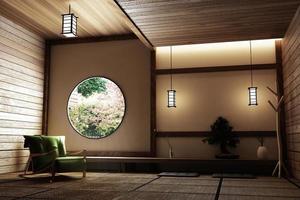 diseño minimalista de la habitación con piso de tatami y japonés, interior de la habitación vacía, representación 3d foto