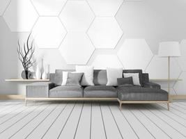 Habitación con sofá y pared de azulejos hexagonales blancos. Representación 3d foto